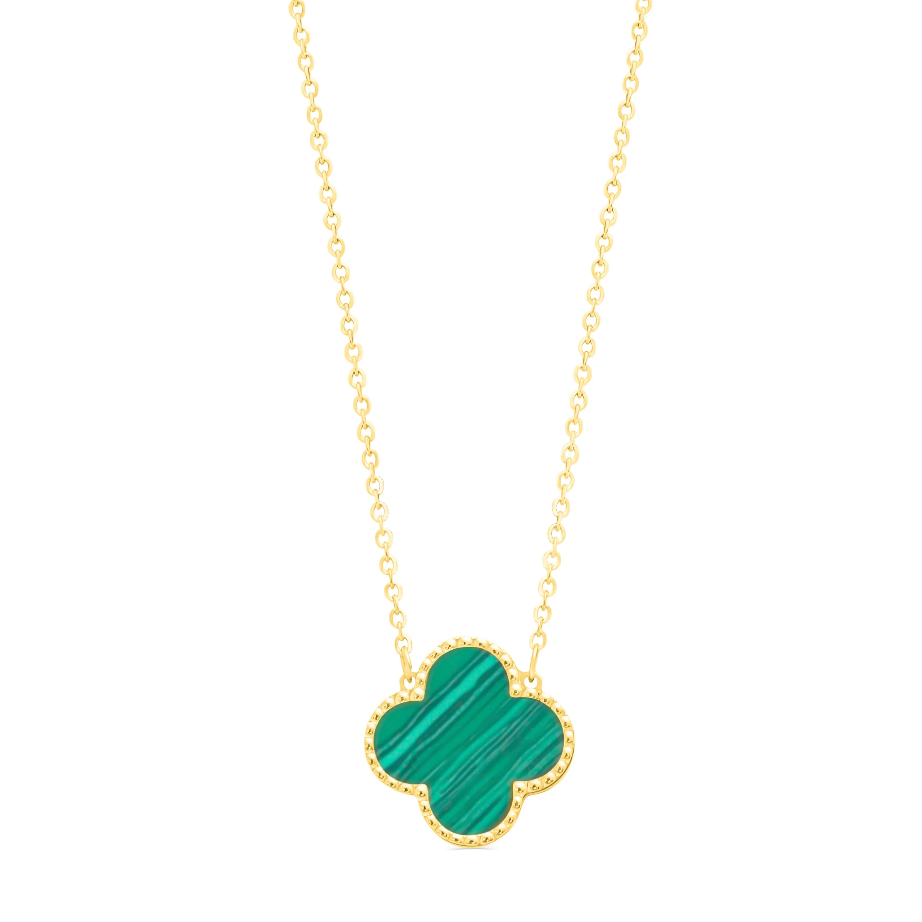 10K Yellow Gold (14mm) Designer Style Clover Malachite Beaded Edge Necklace