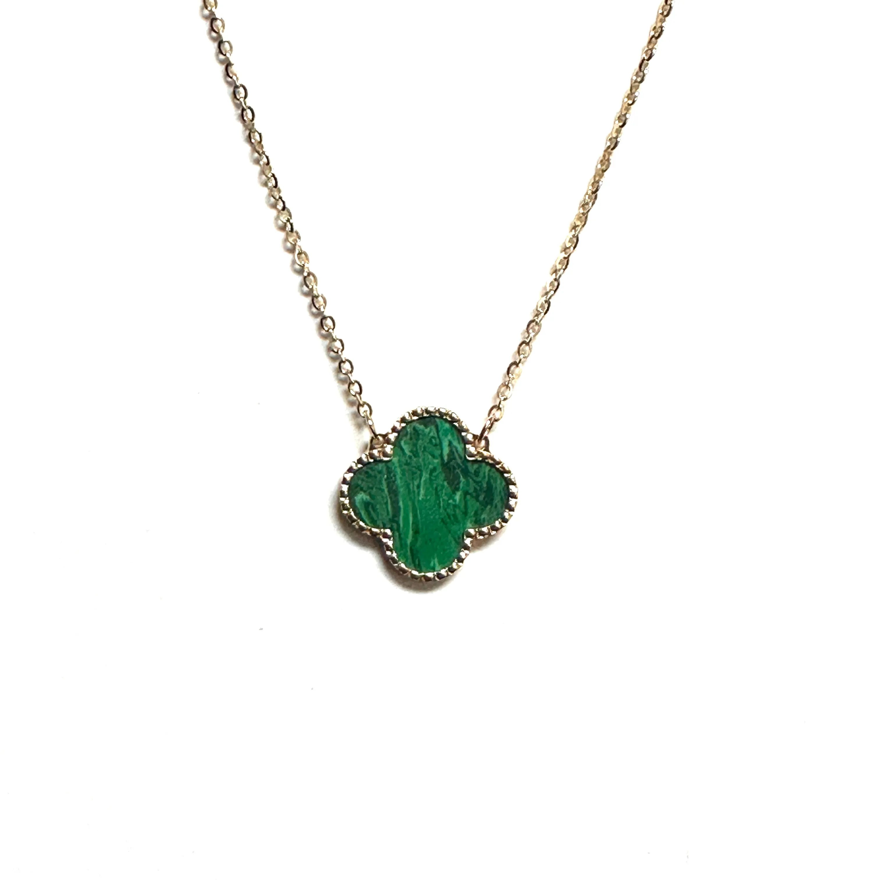 10K Yellow Gold (14mm) Designer Style Clover Malachite Beaded Edge Necklace