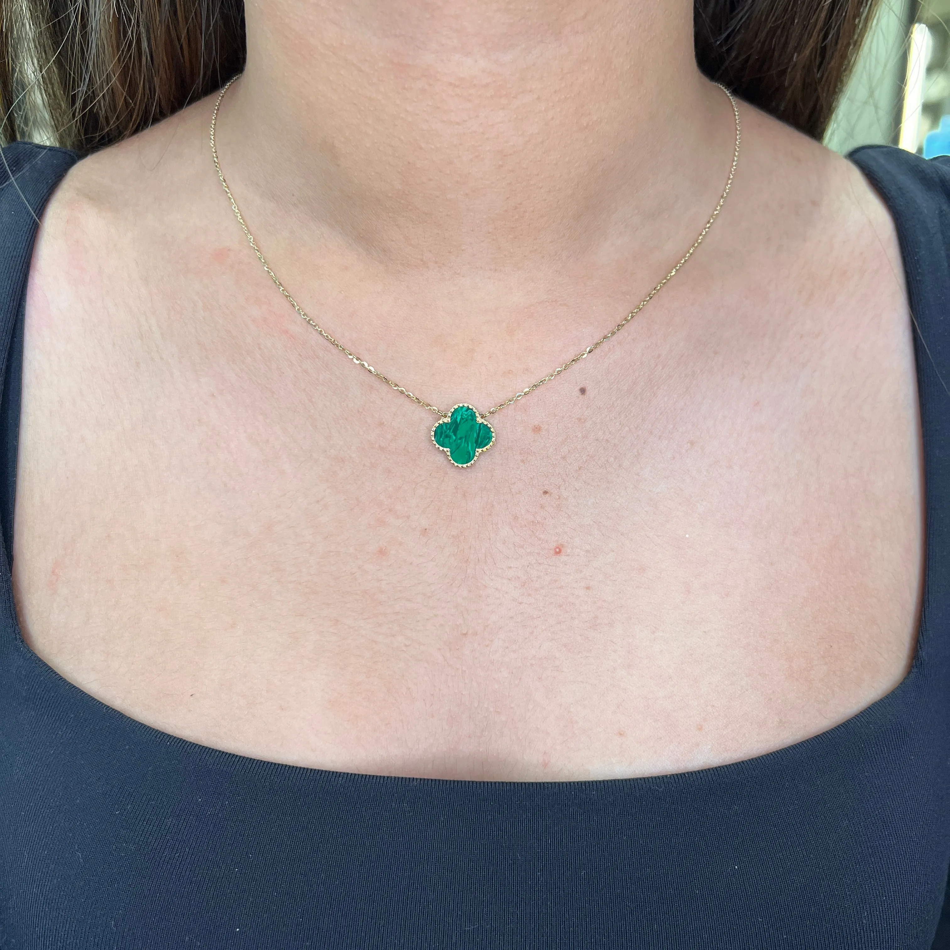 10K Yellow Gold (14mm) Designer Style Clover Malachite Beaded Edge Necklace