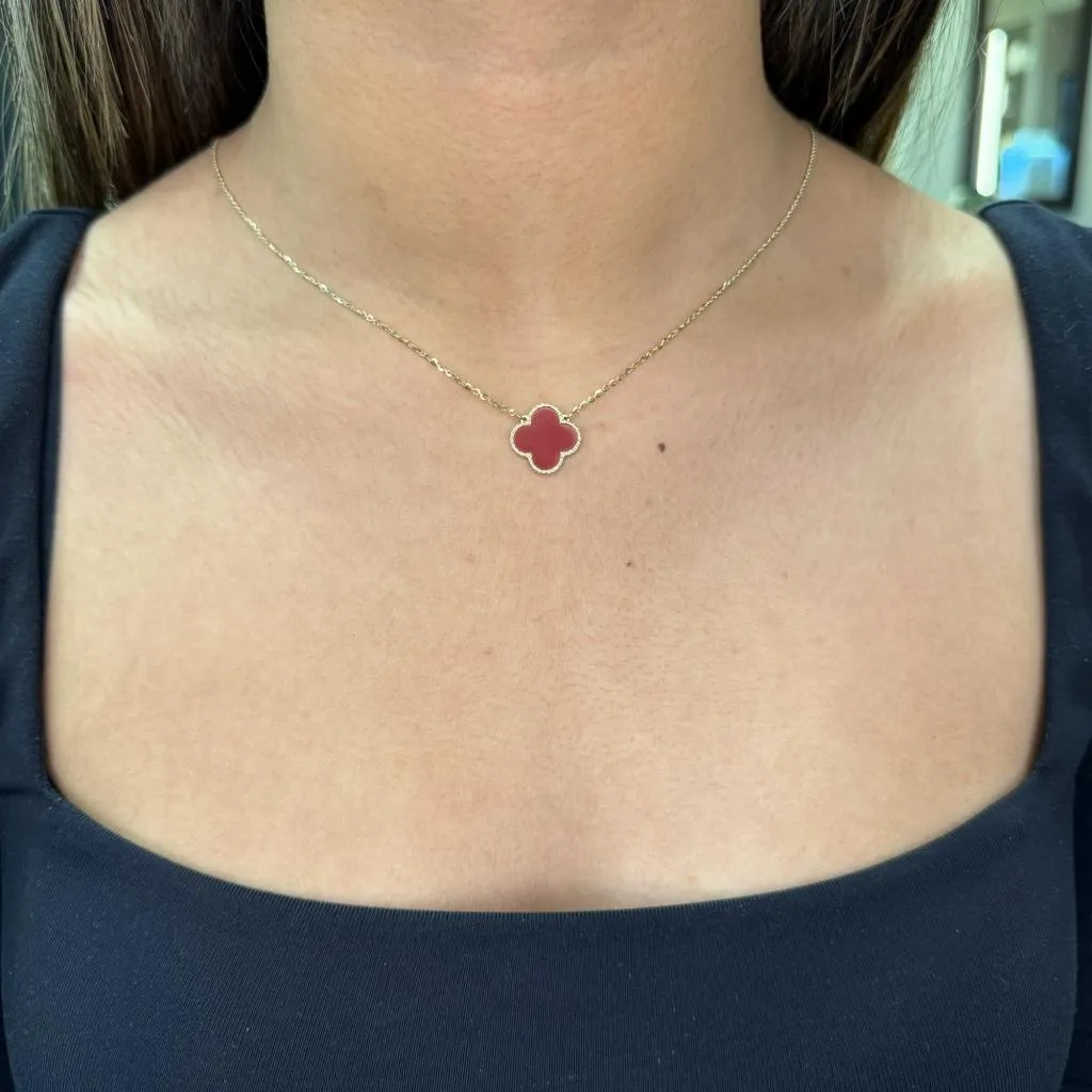 10K Yellow Gold (14mm) Designer Style Clover Red Coral Beaded Edge Necklace