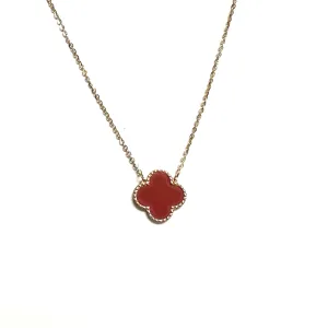 10K Yellow Gold (14mm) Designer Style Clover Red Coral Beaded Edge Necklace