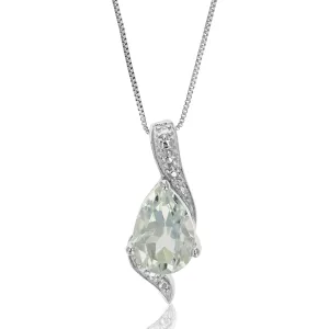 1.10 cttw Pendant Necklace, Green Amethyst Pear Shape Pendant Necklace for Women in .925 Sterling Silver with Rhodium, 18 Inch Chain, Prong Setting