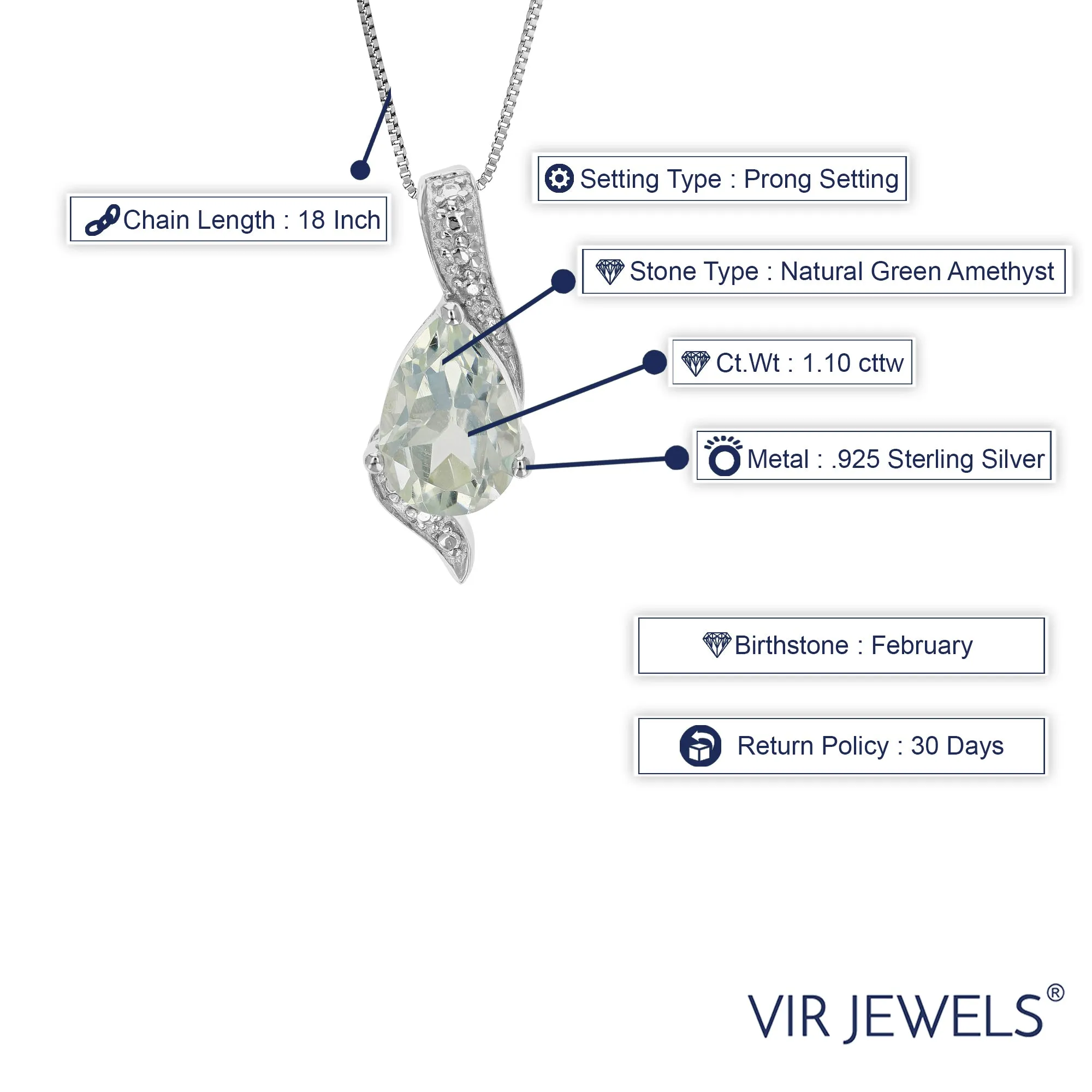 1.10 cttw Pendant Necklace, Green Amethyst Pear Shape Pendant Necklace for Women in .925 Sterling Silver with Rhodium, 18 Inch Chain, Prong Setting