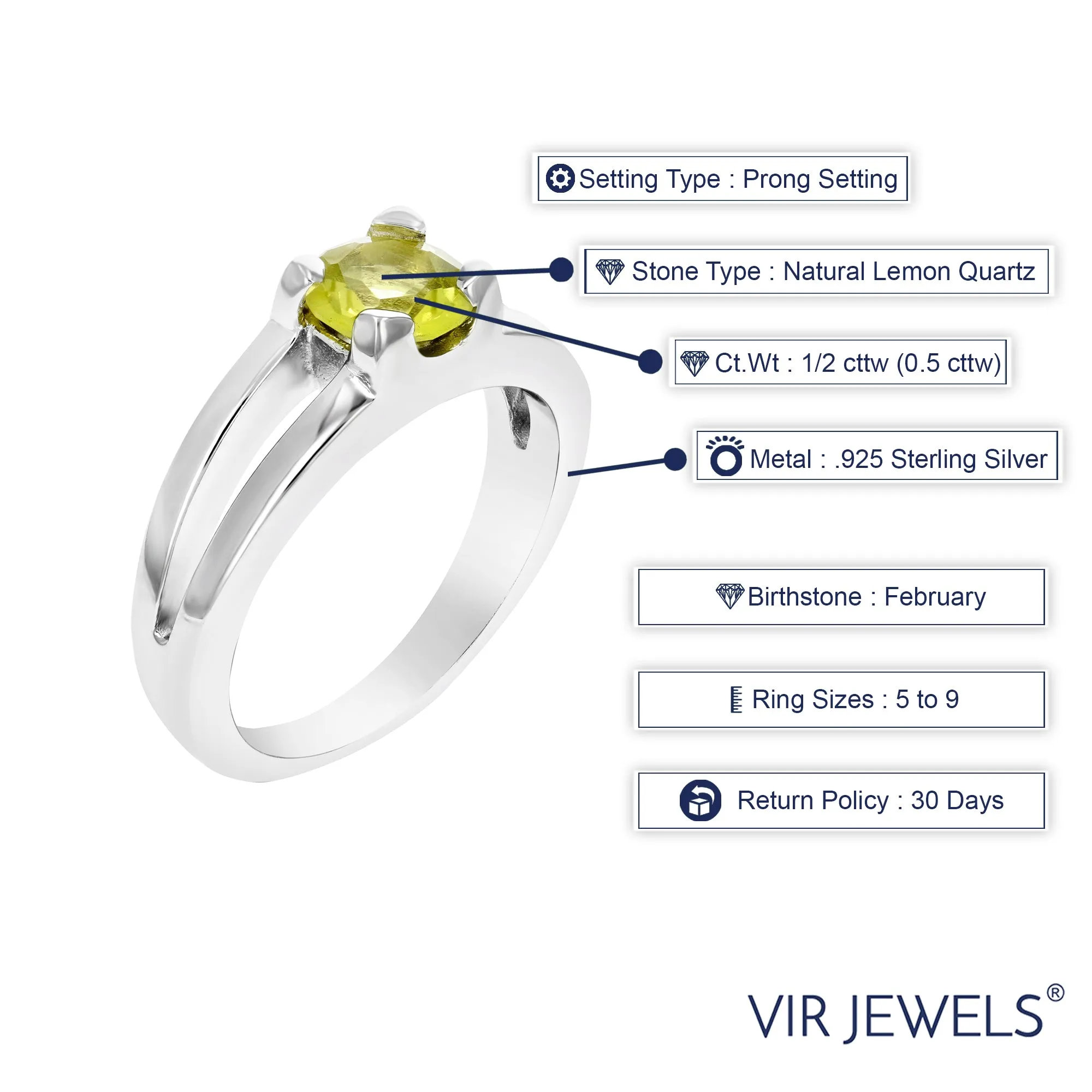1/2 cttw Lemon Quartz Ring .925 Sterling Silver with Rhodium Round Shape 6 MM