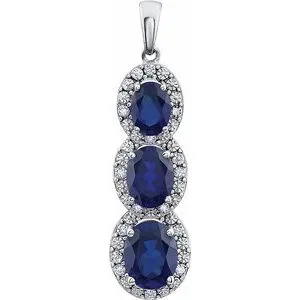 14K White Created Blue Sapphire & .04 CTW Diamond Three-Stone Pendant