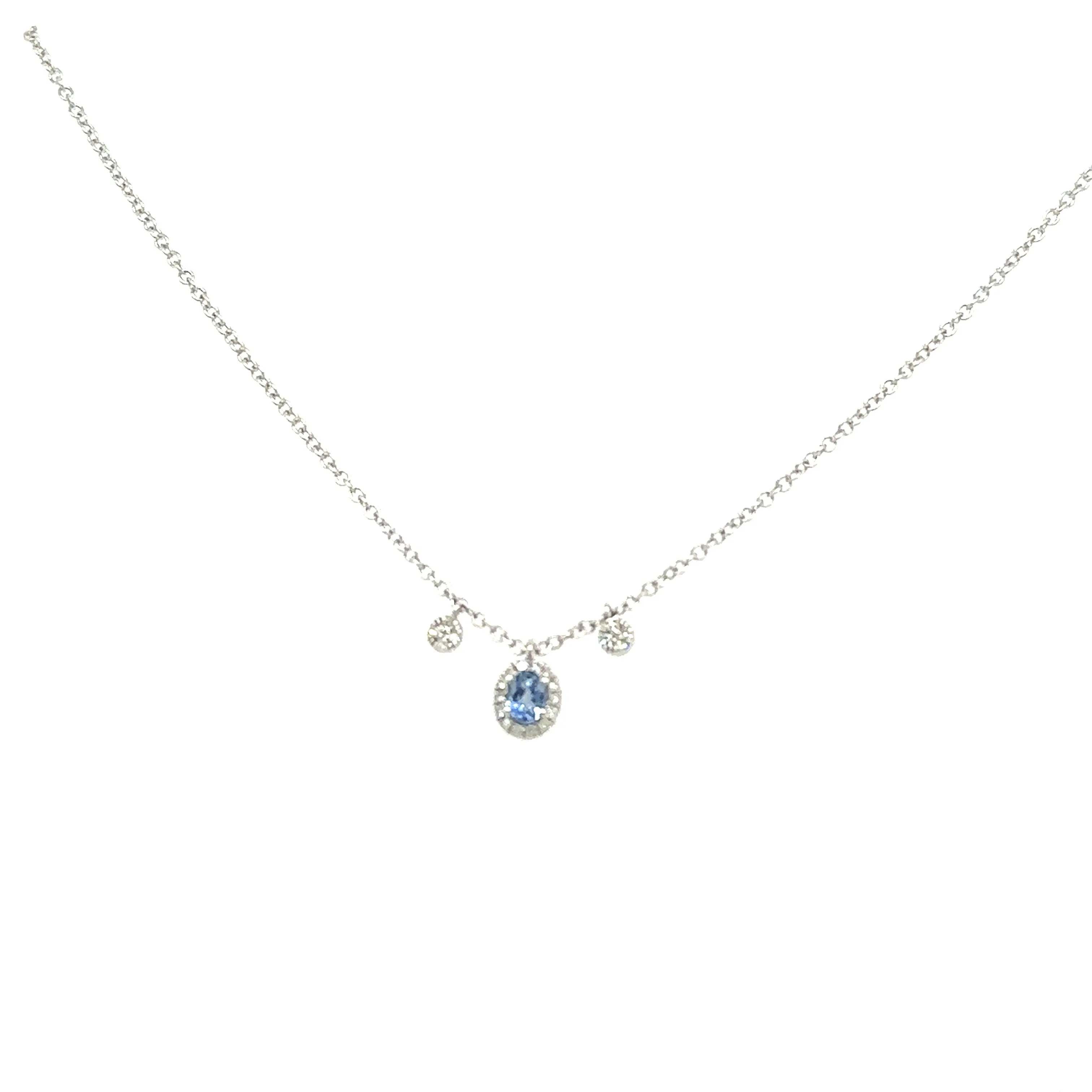 14K White Gold Dangle Tiny Diamond And Tanzanite Charm Necklace Length 18"