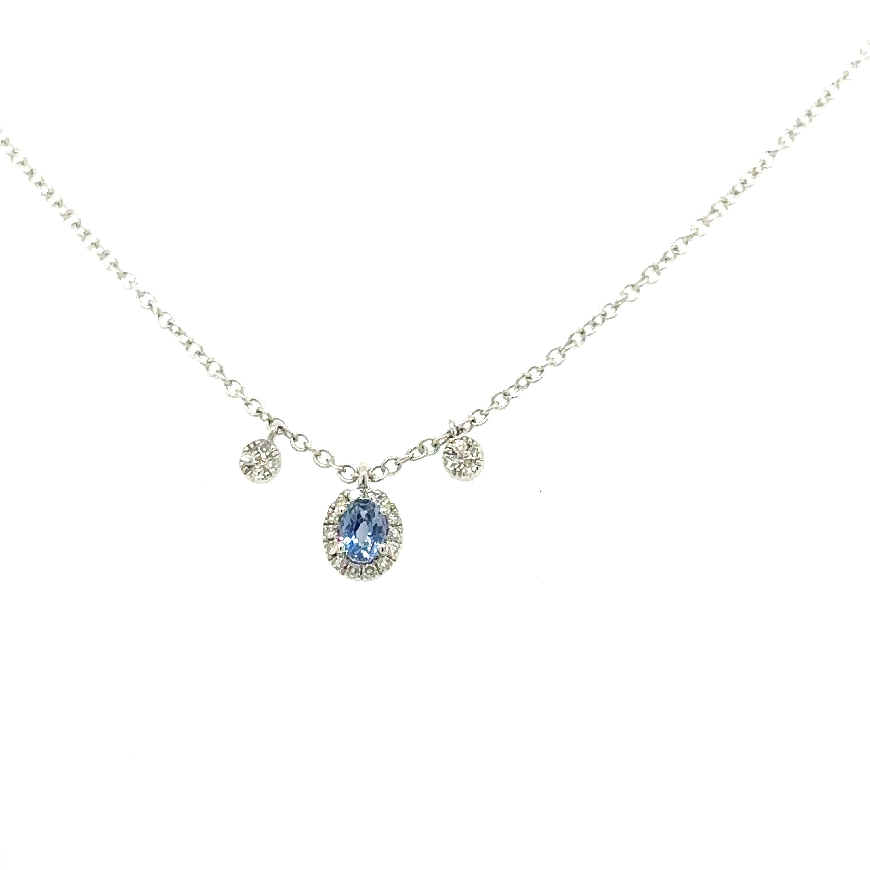 14K White Gold Dangle Tiny Diamond And Tanzanite Charm Necklace Length 18"