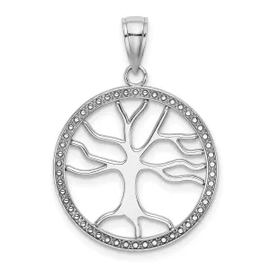 14K White Gold Textured Polished Finish Tree of Life in a Large Size Round Beaded Frame Design Charm Pendant