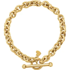 14k Yellow Gold 6mm Rolo Toggle 7" Bracelet with Small Heart Dangle
