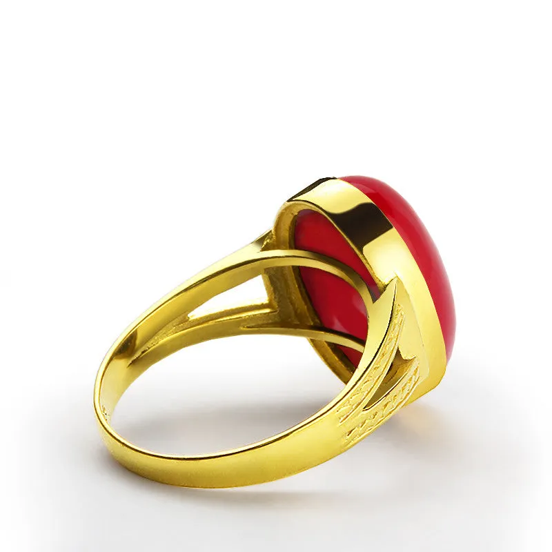 14k Yellow Gold Men's Ring with Natural Red Agate Stone