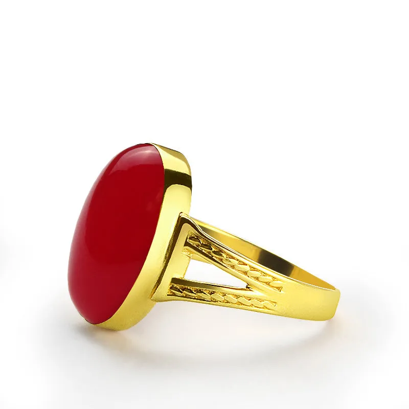 14k Yellow Gold Men's Ring with Natural Red Agate Stone