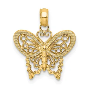14K Yellow Gold Open Back Solid Polished Finish Textured Filigree Beaded Butterfly Charm Pendant