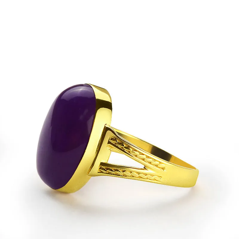 14k Yellow Solid Gold Men's Ring with Purple Agate Stone