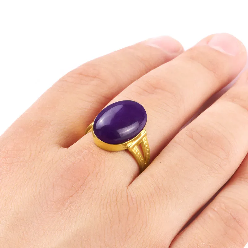14k Yellow Solid Gold Men's Ring with Purple Agate Stone