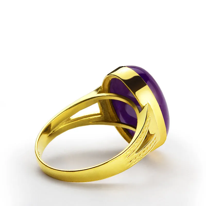 14k Yellow Solid Gold Men's Ring with Purple Agate Stone