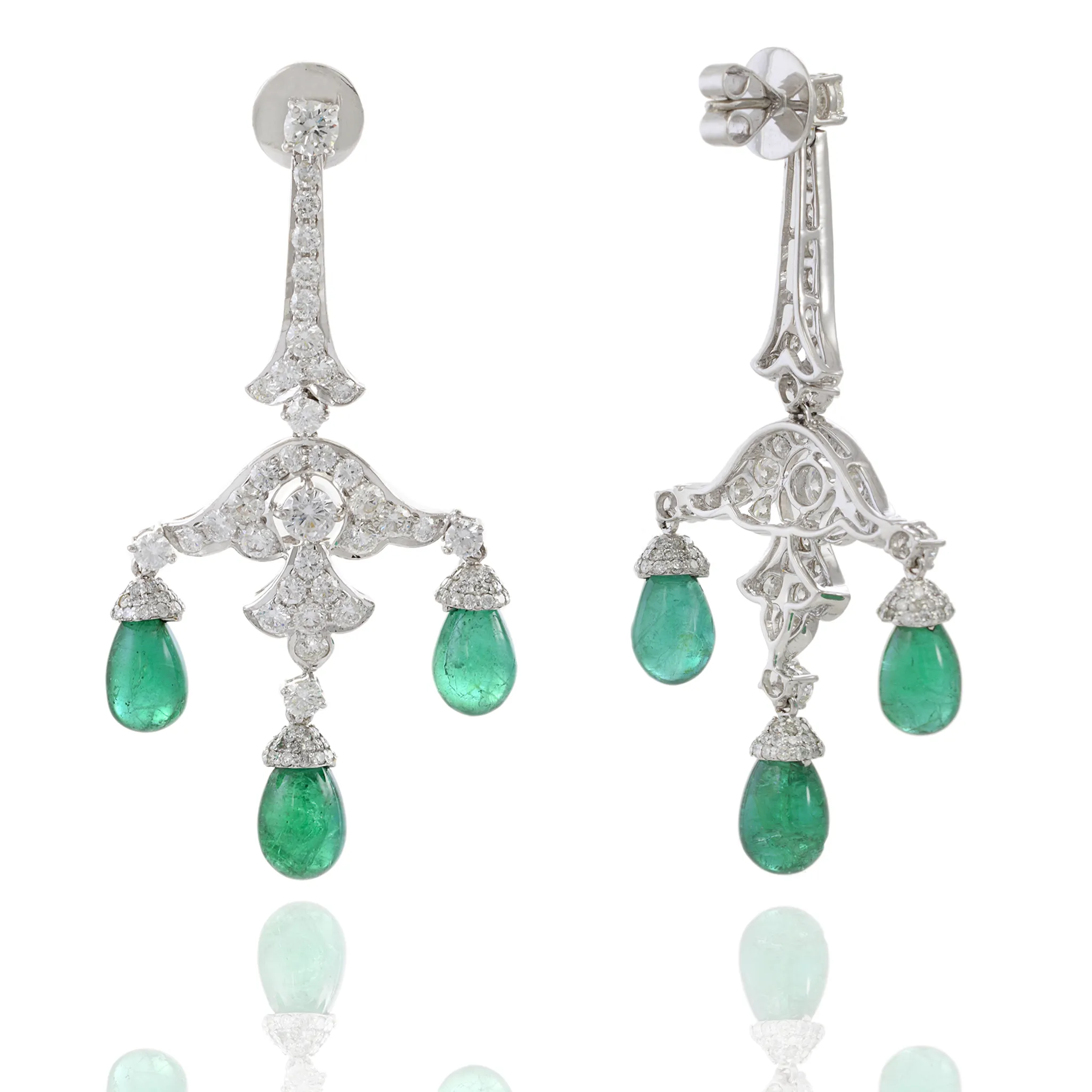 18KT White Gold Genuine Emerald and Diamond Chandelier Earrings