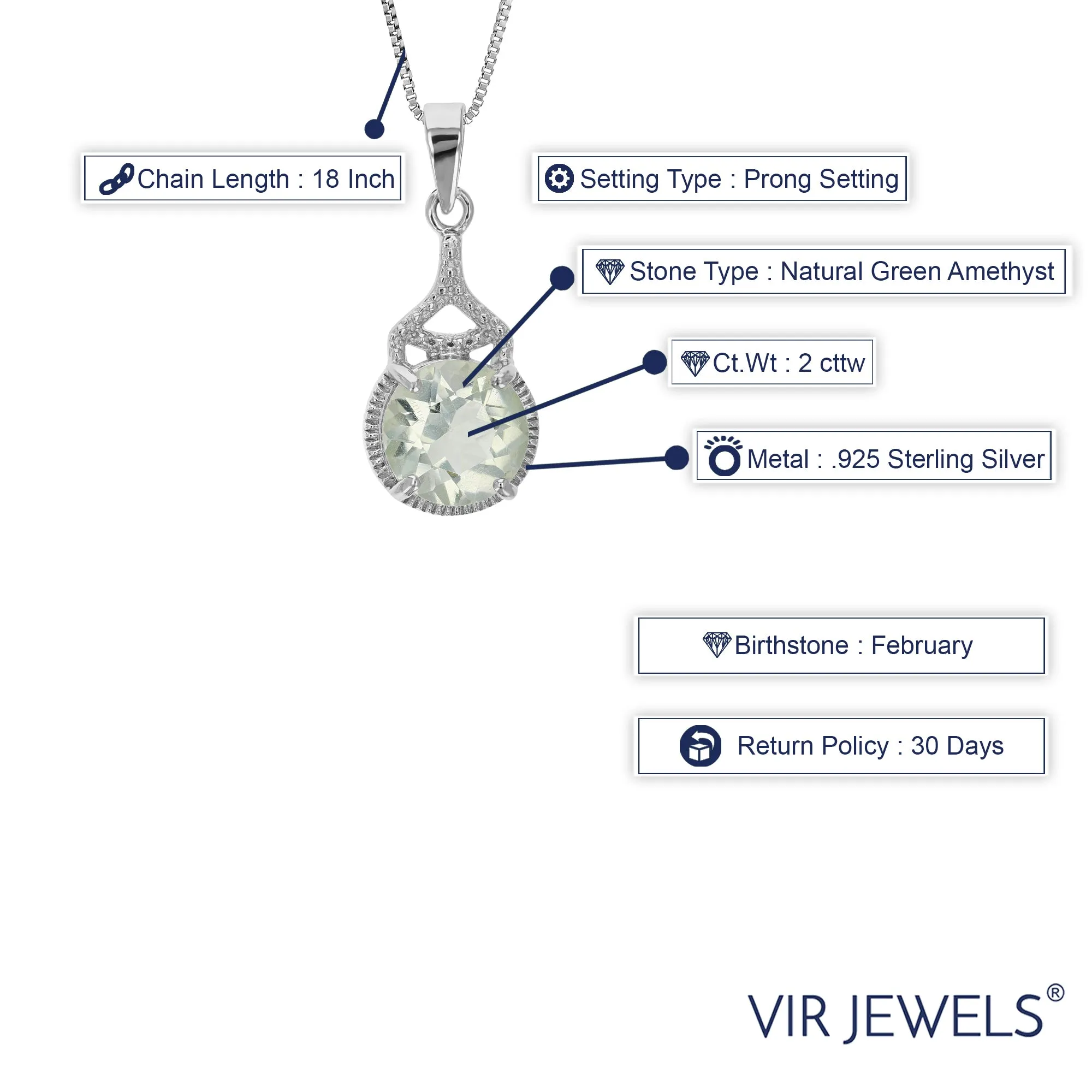 2 cttw Pendant Necklace, Green Amethyst Pendant Necklace for Women in .925 Sterling Silver with Rhodium, 18 Inch Chain, Prong Setting