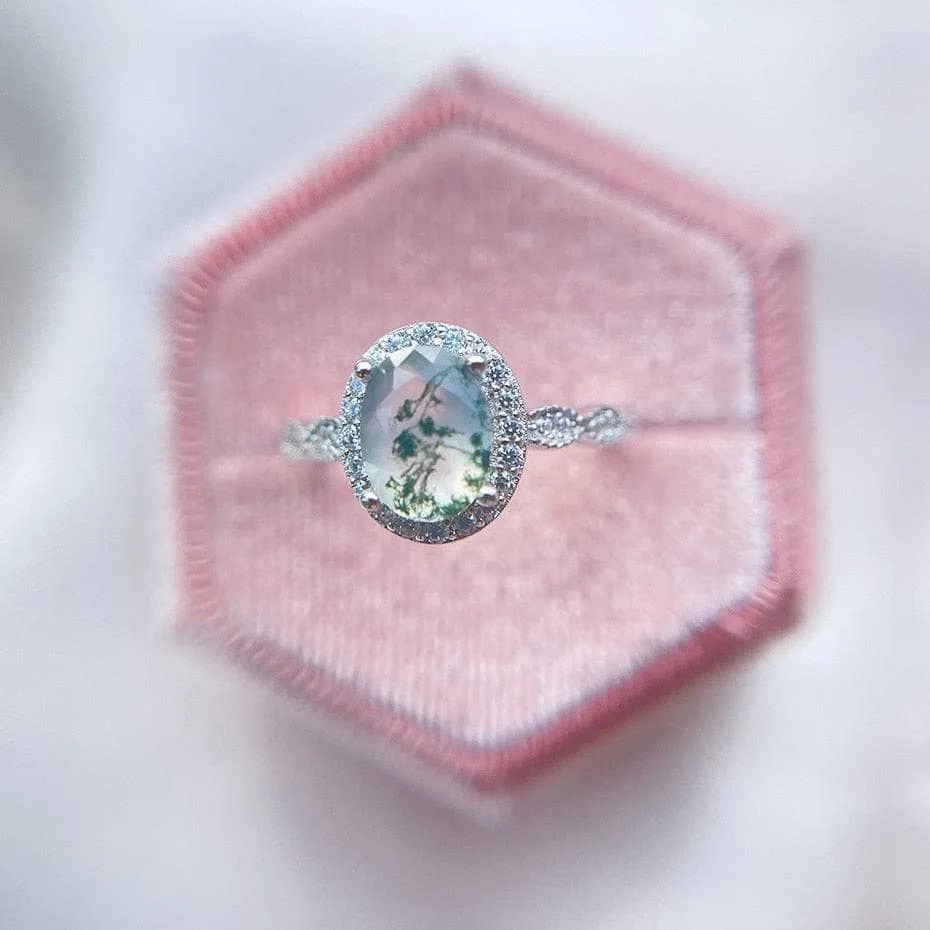 2ct Oval Cut Natural Moss Agate Engagement Ring