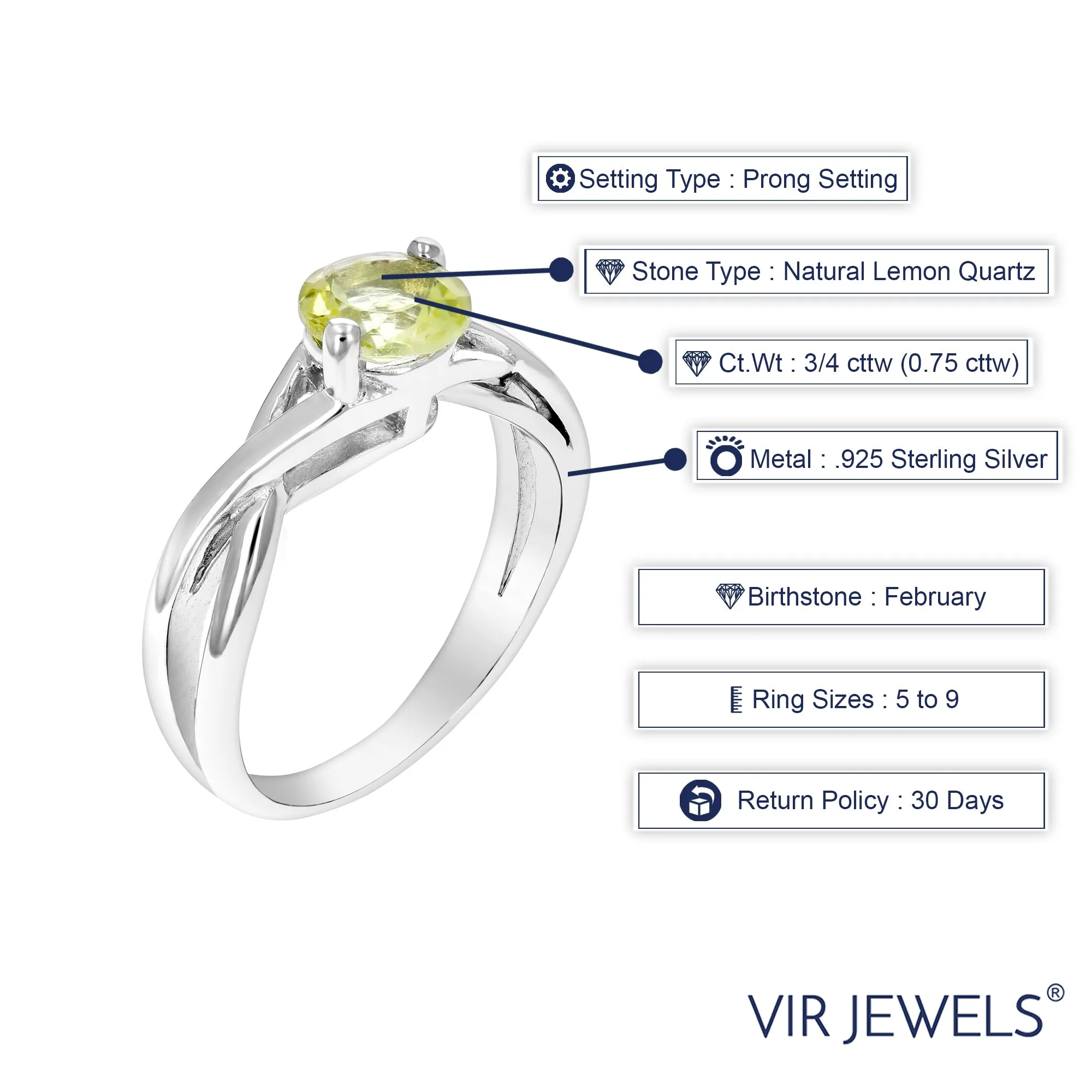 3/4 cttw Lemon Quartz Ring .925 Sterling Silver with Rhodium Round Shape 6 MM