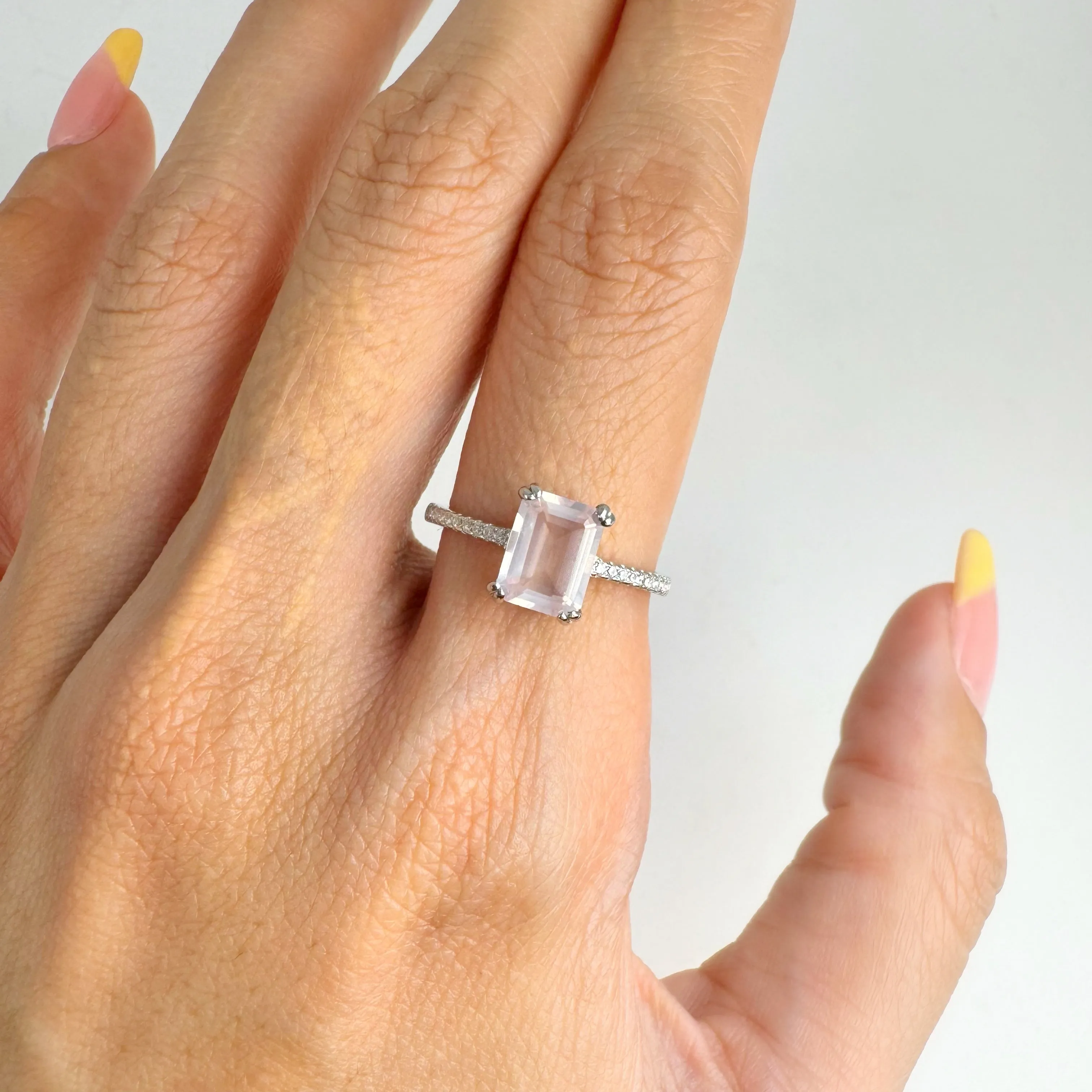 6 x 8 mm. Octagon Cut Pink African Rose Quartz with Cz Band Ring
