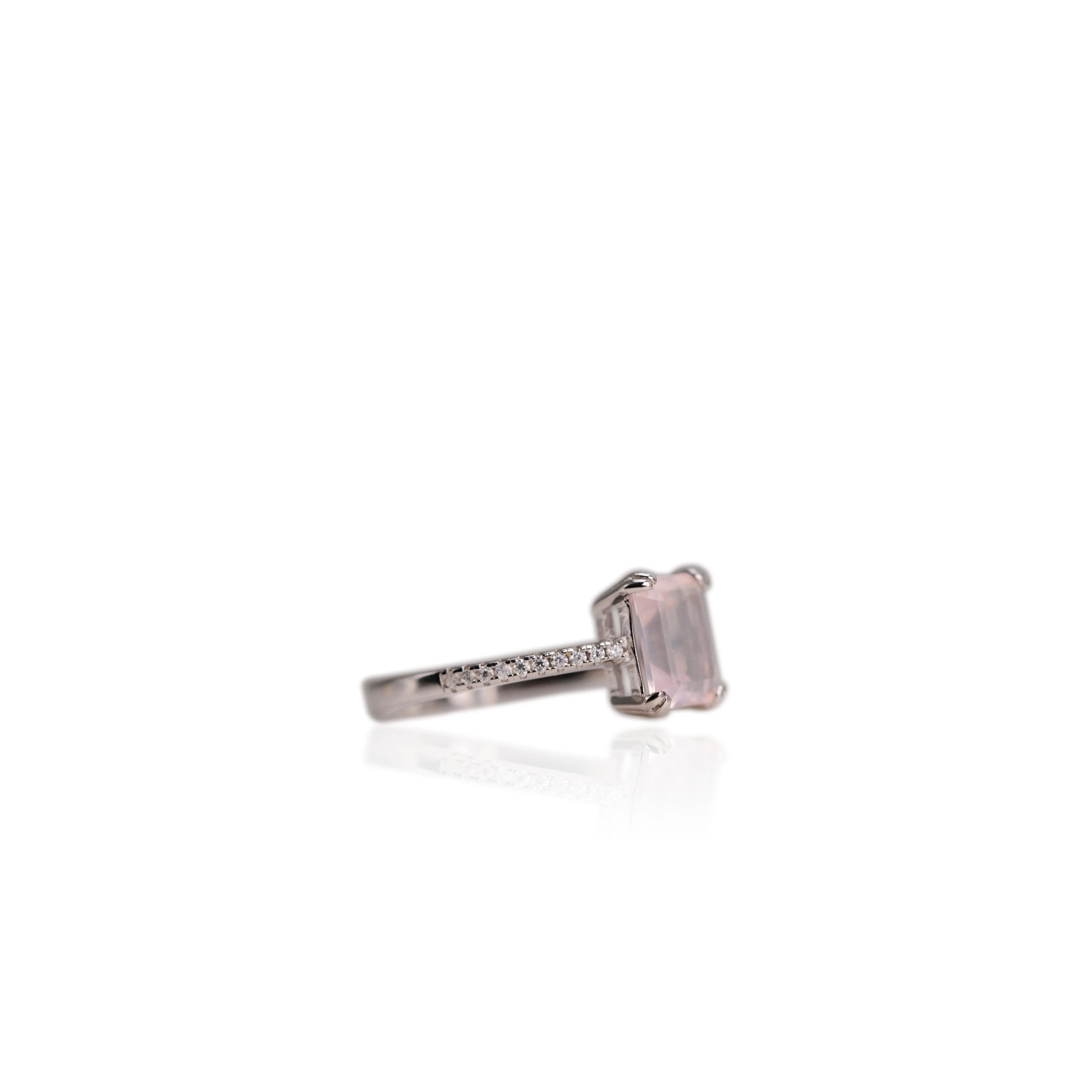 6 x 8 mm. Octagon Cut Pink African Rose Quartz with Cz Band Ring