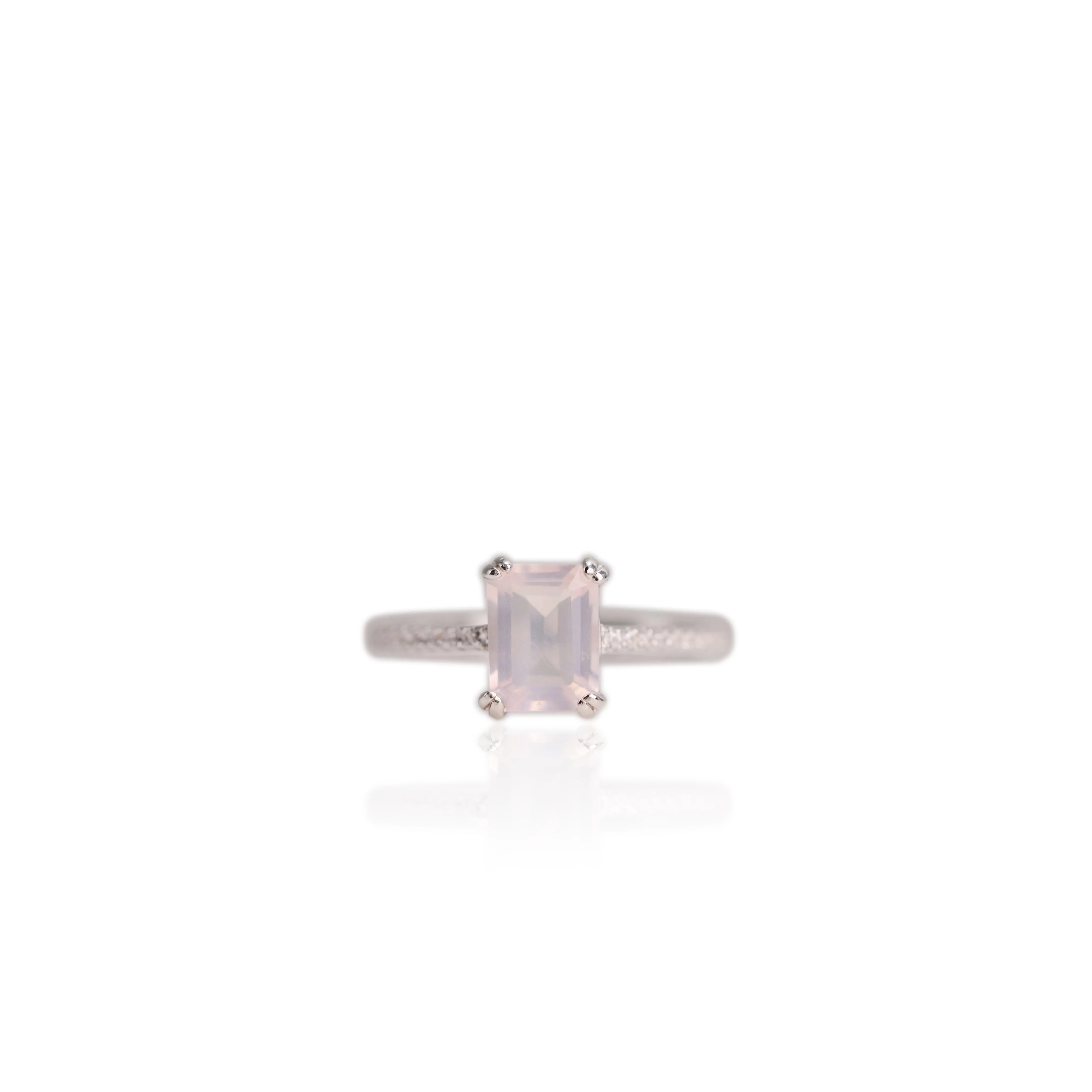 6 x 8 mm. Octagon Cut Pink African Rose Quartz with Cz Band Ring