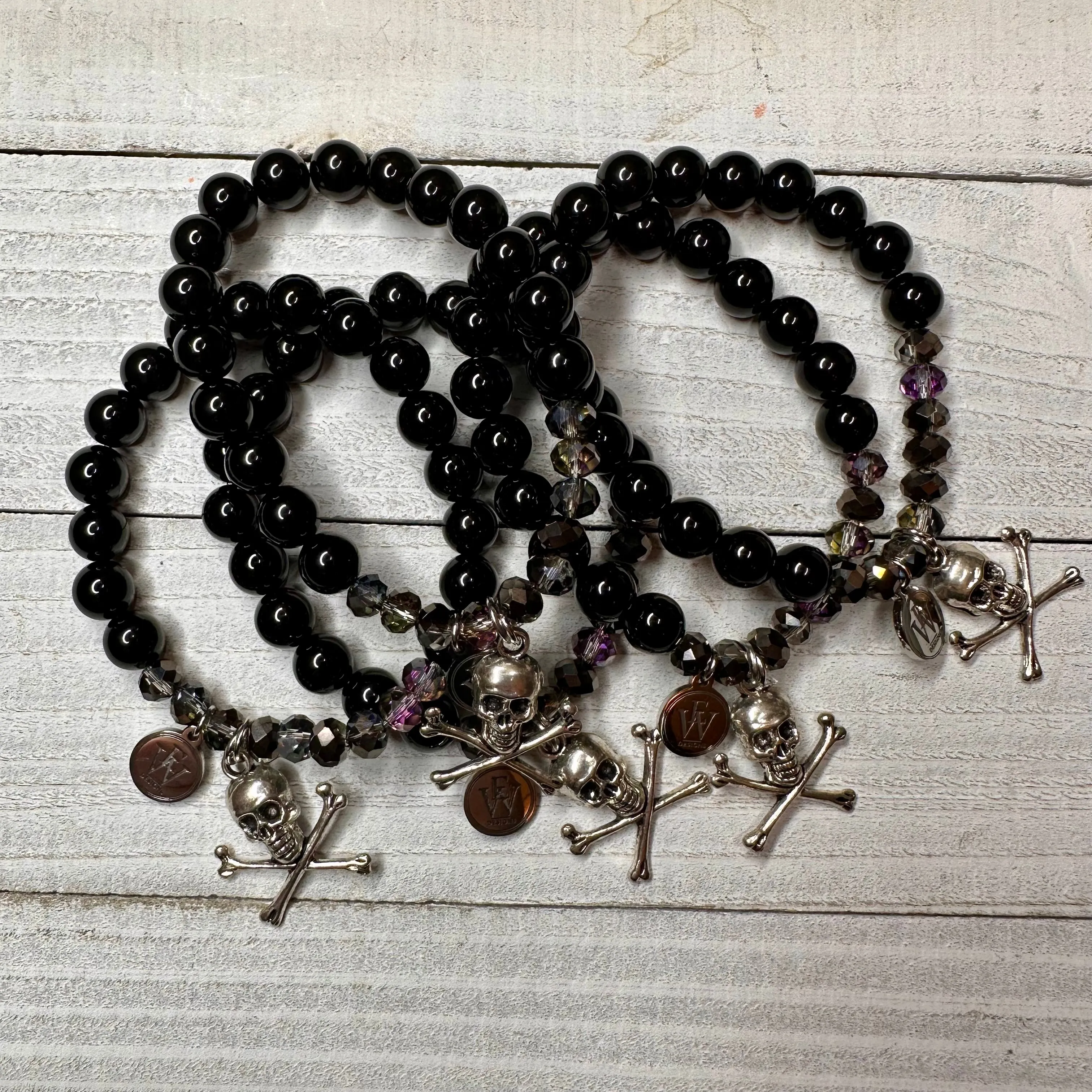 6mm Zebra Agate Beads and Crystals Bracelet with a Metal Crossed Bone Skull Charm 410-20 | Erika Williner Designs