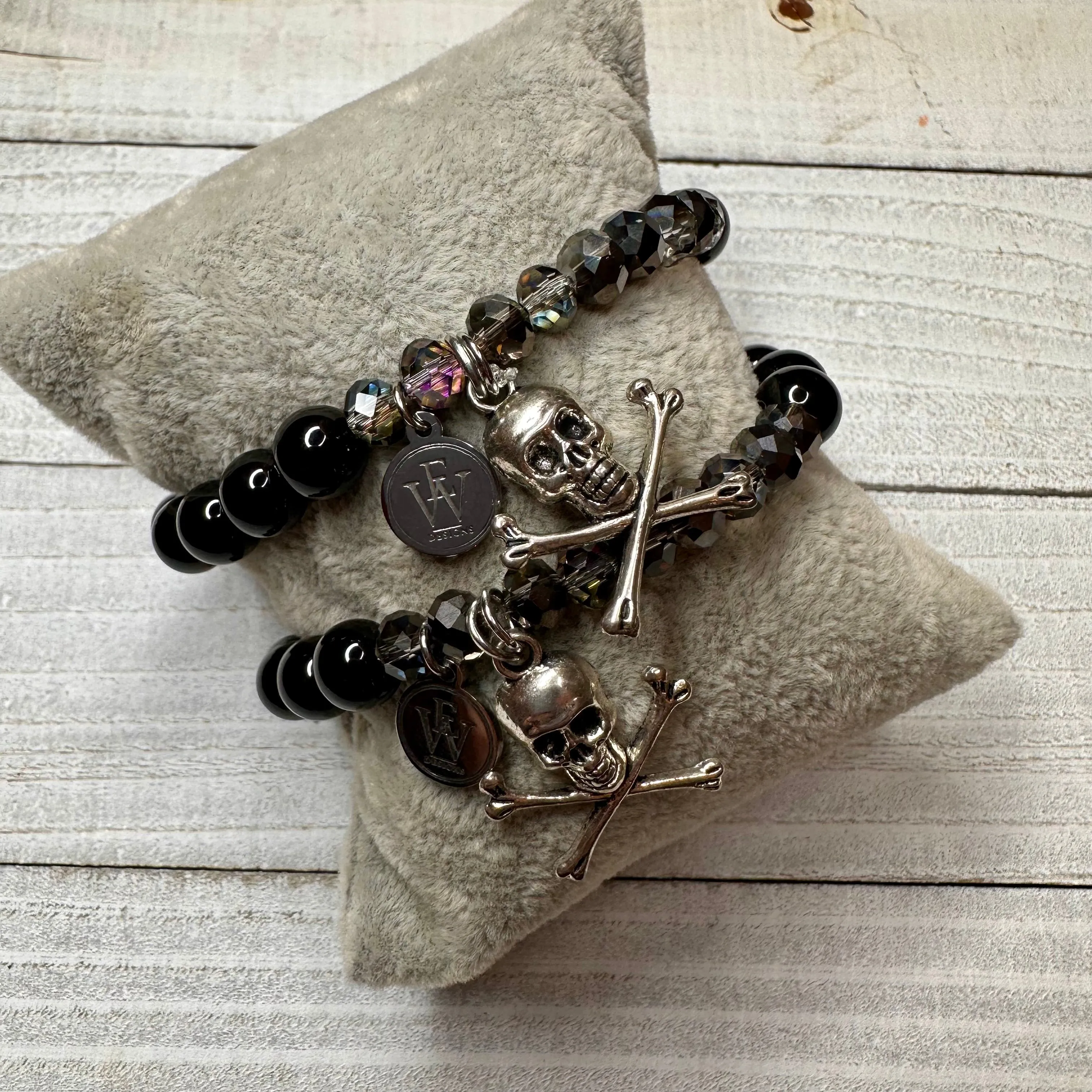 6mm Zebra Agate Beads and Crystals Bracelet with a Metal Crossed Bone Skull Charm 410-20 | Erika Williner Designs