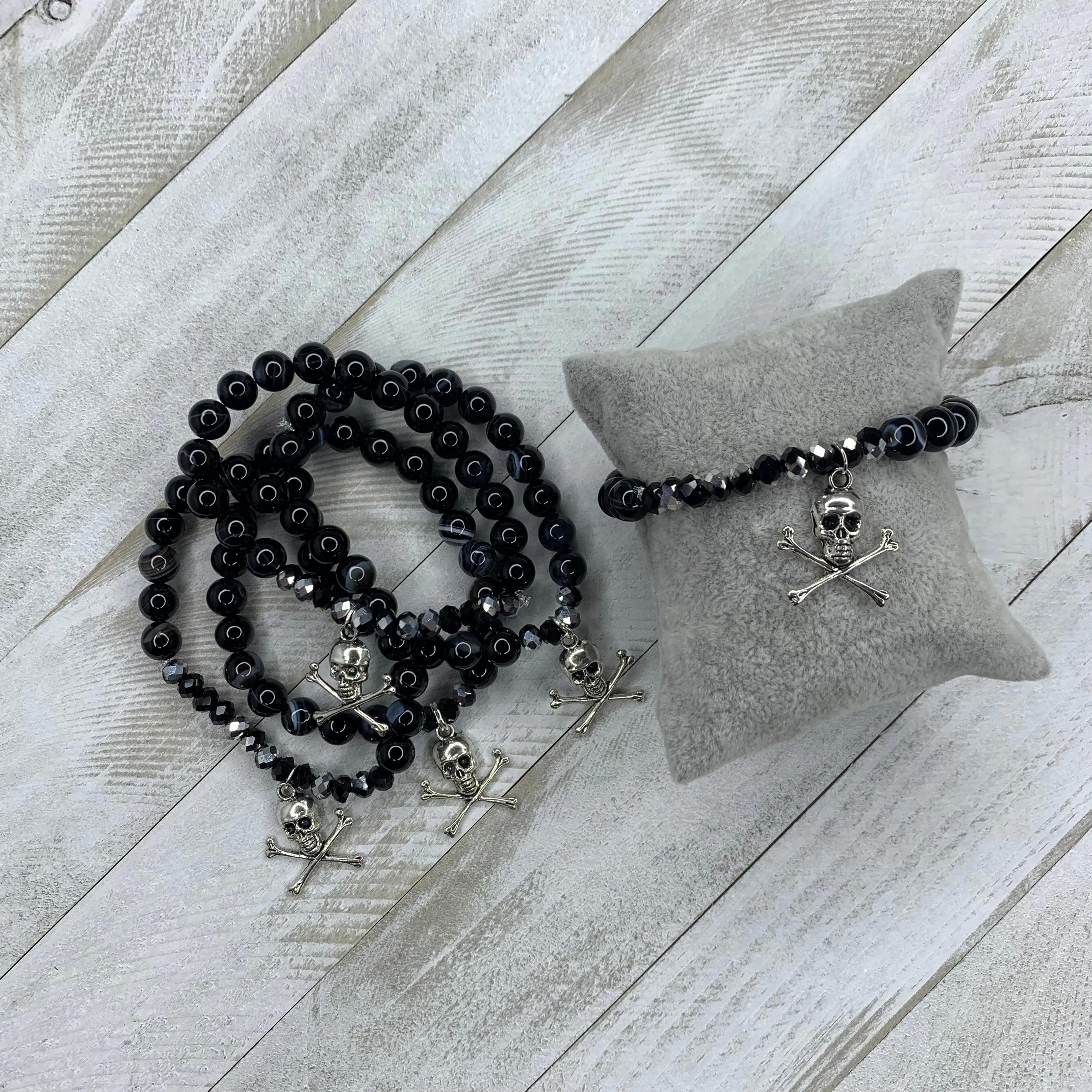 6mm Zebra Agate Beads and Crystals Bracelet with a Metal Crossed Bone Skull Charm 410-20 | Erika Williner Designs