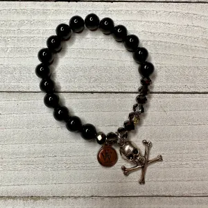 6mm Zebra Agate Beads and Crystals Bracelet with a Metal Crossed Bone Skull Charm 410-20 | Erika Williner Designs