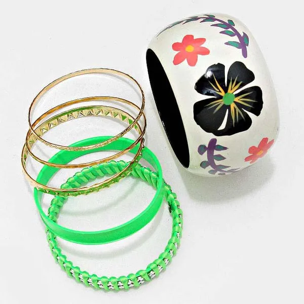 7-Layers Braided Metal & Floral Print Wood Bangle Bracelets