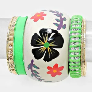7-Layers Braided Metal & Floral Print Wood Bangle Bracelets