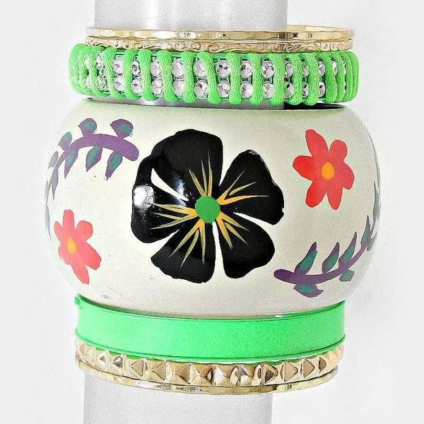 7-Layers Braided Metal & Floral Print Wood Bangle Bracelets