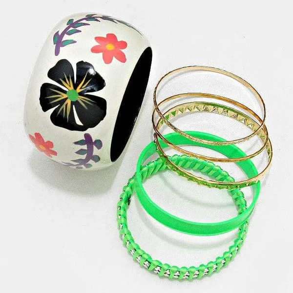 7-Layers Braided Metal & Floral Print Wood Bangle Bracelets