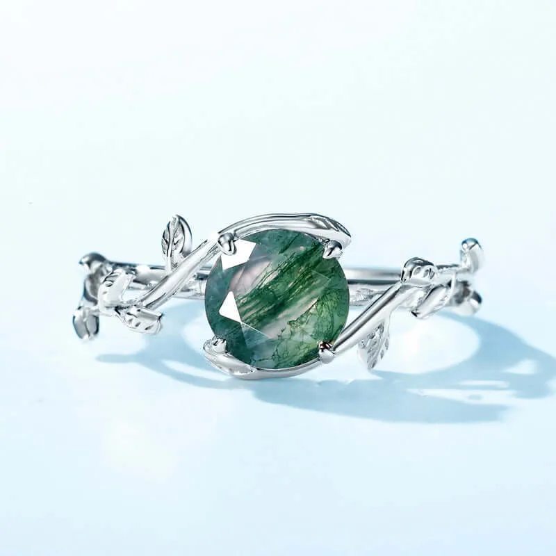 925 Sterling Silver Natural Moss Agate Engagement Adjustable Ring