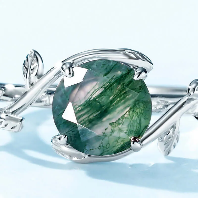 925 Sterling Silver Natural Moss Agate Engagement Adjustable Ring