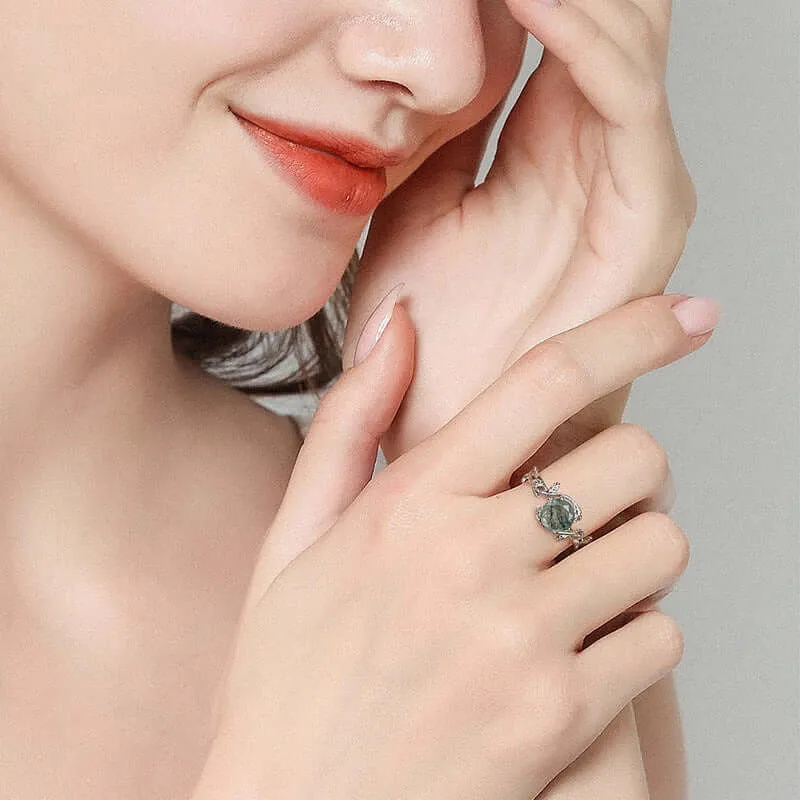 925 Sterling Silver Natural Moss Agate Engagement Adjustable Ring