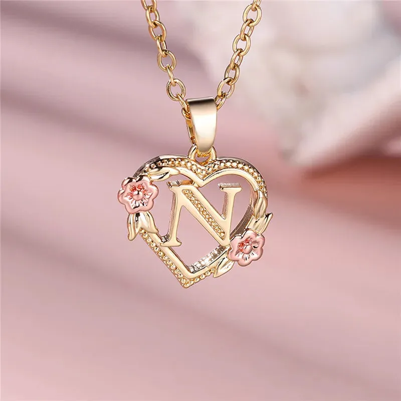 A-Z Letter Flower Pendant Necklace Yellow Gold Color Wedding Jewelry Women