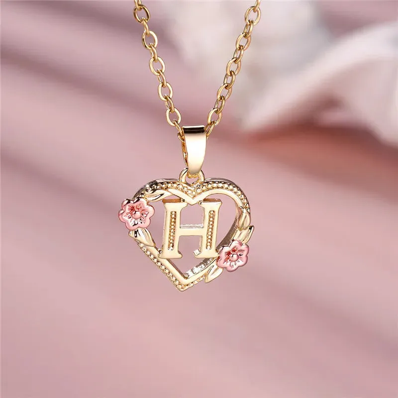 A-Z Letter Flower Pendant Necklace Yellow Gold Color Wedding Jewelry Women