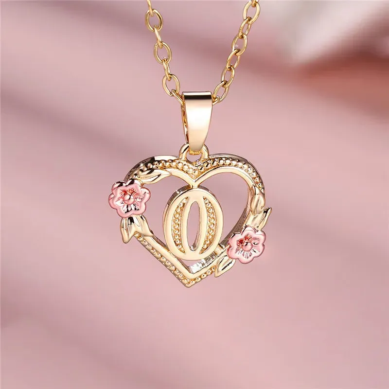 A-Z Letter Flower Pendant Necklace Yellow Gold Color Wedding Jewelry Women