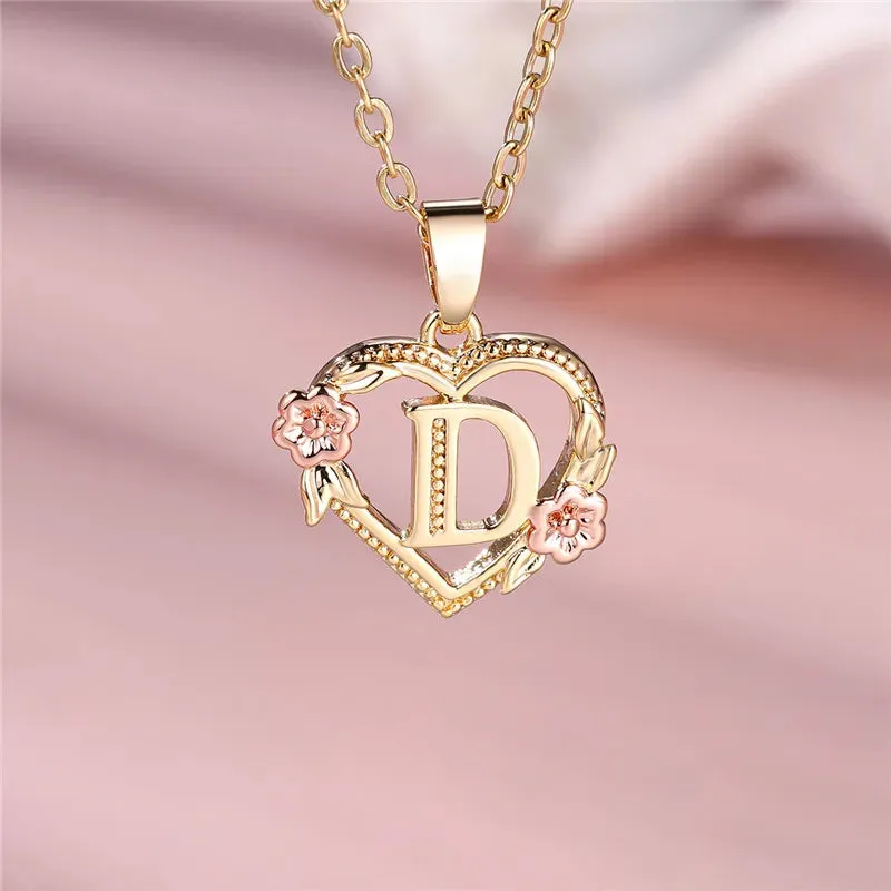A-Z Letter Flower Pendant Necklace Yellow Gold Color Wedding Jewelry Women
