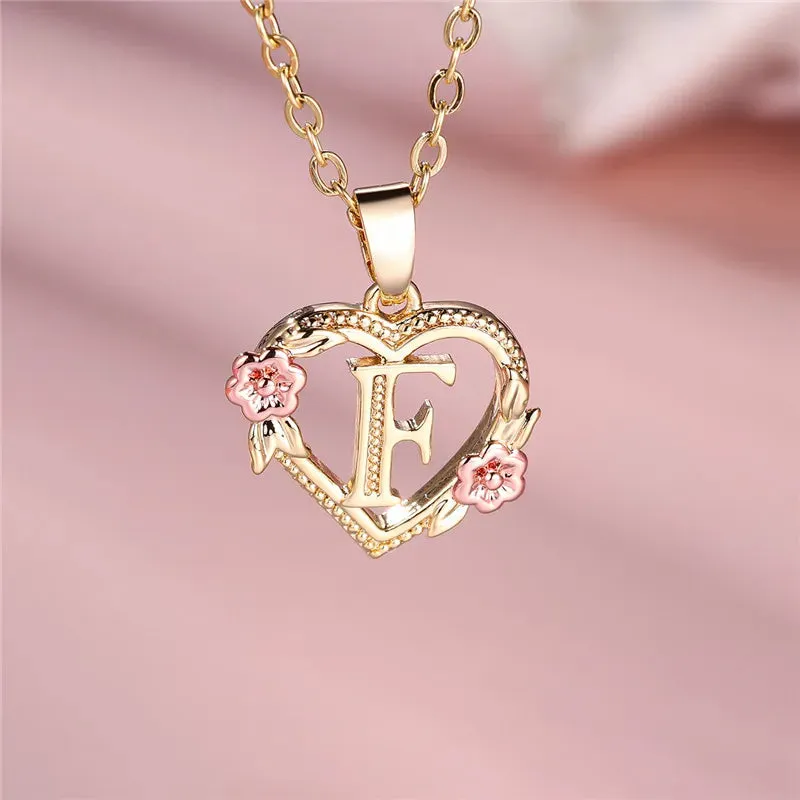 A-Z Letter Flower Pendant Necklace Yellow Gold Color Wedding Jewelry Women
