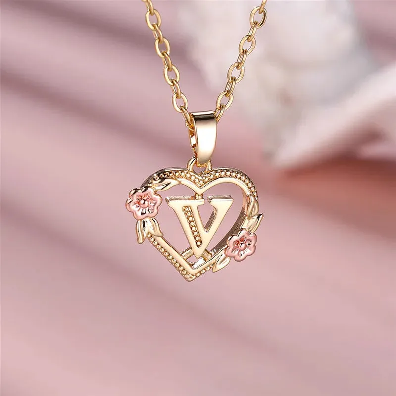 A-Z Letter Flower Pendant Necklace Yellow Gold Color Wedding Jewelry Women