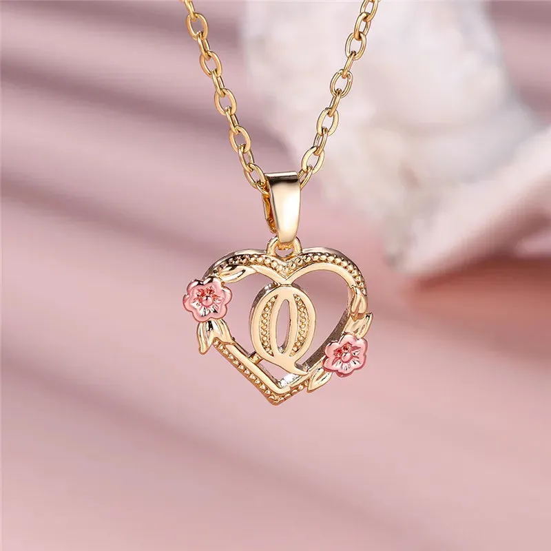 A-Z Letter Flower Pendant Necklace Yellow Gold Color Wedding Jewelry Women
