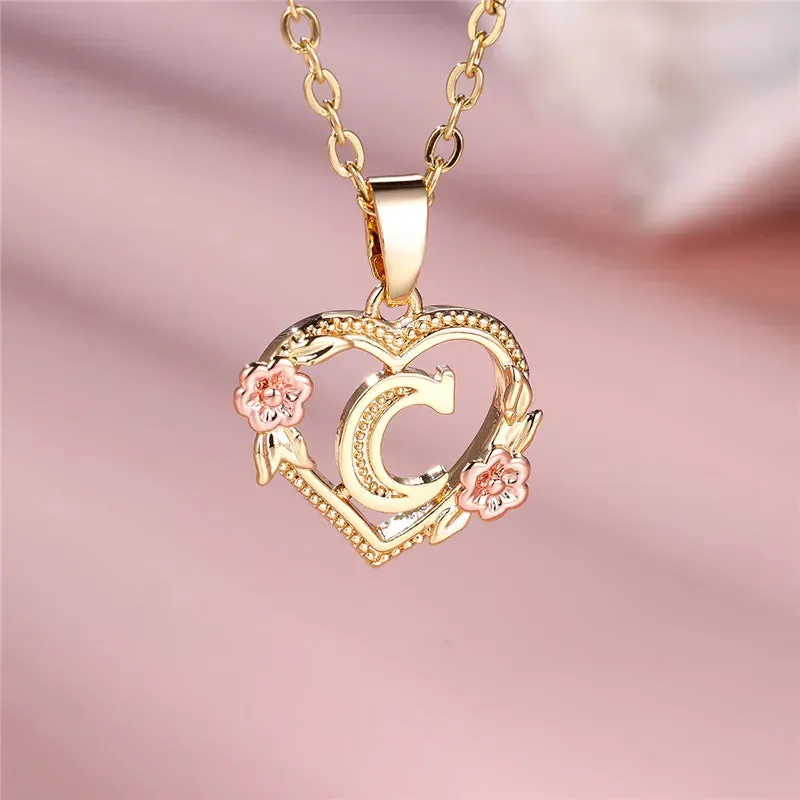 A-Z Letter Flower Pendant Necklace Yellow Gold Color Wedding Jewelry Women