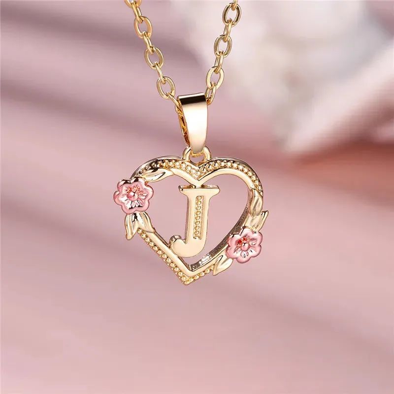 A-Z Letter Flower Pendant Necklace Yellow Gold Color Wedding Jewelry Women