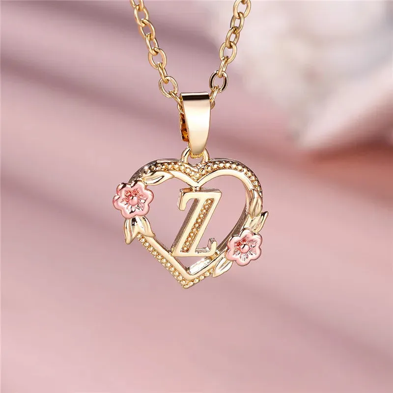 A-Z Letter Flower Pendant Necklace Yellow Gold Color Wedding Jewelry Women