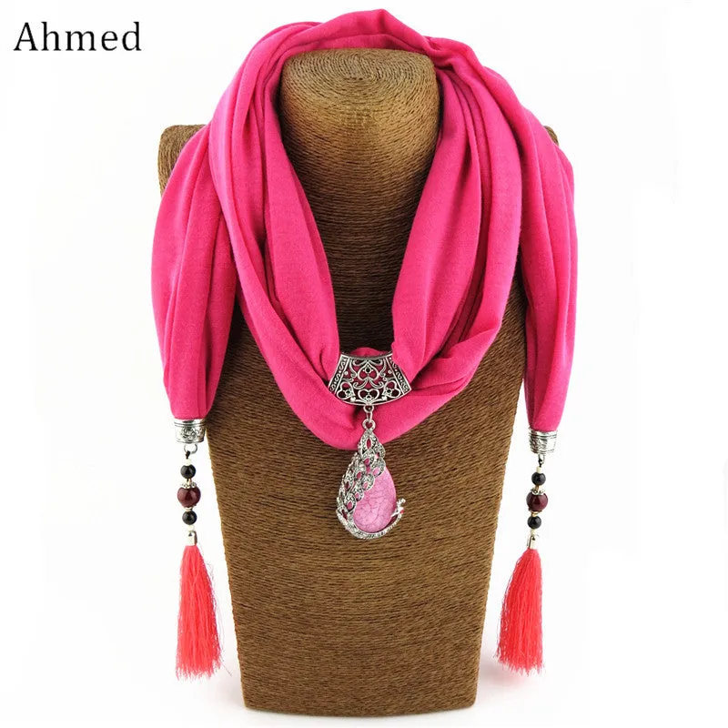 Ahmed Bohemian New Ceramic Beads Tassel Peacock Stone Pendant Scarf For Women Charm Boho Fashion Jewelry Scarves Collar Bijoux