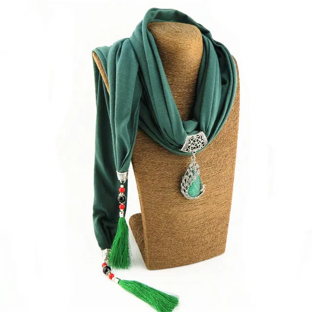 Ahmed Bohemian New Ceramic Beads Tassel Peacock Stone Pendant Scarf For Women Charm Boho Fashion Jewelry Scarves Collar Bijoux
