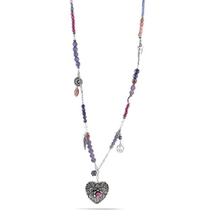 AMETHYST BEADS SILVER OPEN HEART NECKLACES #215PP1501 (1A8)